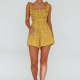 Lazy Sunday Frill Strap Tie-Up Back Romper Floral Print Mustard