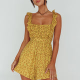 Lazy Sunday Frill Strap Tie-Up Back Romper Floral Print Mustard