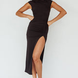 Lucinda Cap Sleeve Ruched Midi Dress Black