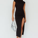 Lucinda Cap Sleeve Ruched Midi Dress Black