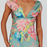 Lucinda Cap Sleeve Twist Back Midi Dress Floral Olive