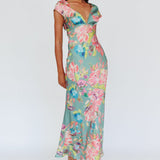 Lucinda Cap Sleeve Twist Back Midi Dress Floral Olive