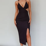 Bahamas Strappy Back Front Split Midi Dress Black