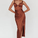 Whimsy Pleated Bust Midi Dress Chocolate