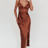 Whimsy Pleated Bust Midi Dress Chocolate