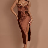 Whimsy Pleated Bust Midi Dress Chocolate