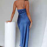 Taking Bets One Shoulder Satin Midi Dress Navy