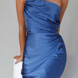 Taking Bets One Shoulder Satin Midi Dress Navy