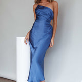 Taking Bets One Shoulder Satin Midi Dress Navy