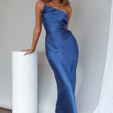 Taking Bets One Shoulder Satin Midi Dress Navy