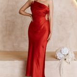 Taking Bets One Shoulder Satin Midi Dress Red