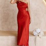 Taking Bets One Shoulder Satin Midi Dress Red
