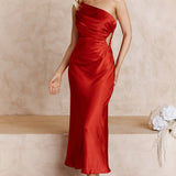 Taking Bets One Shoulder Satin Midi Dress Red