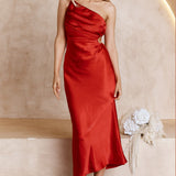 Taking Bets One Shoulder Satin Midi Dress Red