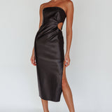 Taking Bets Strapless Midi Dress Leather Black