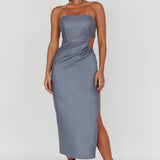 Taking Bets Strapless Midi Dress Leather Midnight Blue