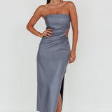 Taking Bets Strapless Midi Dress Leather Midnight Blue