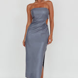 Taking Bets Strapless Midi Dress Leather Midnight Blue