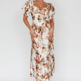 Brigita Tied Back Midi Dress Floral Brown