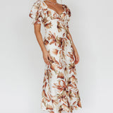 Brigita Tied Back Midi Dress Floral Brown
