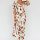 Brigita Tied Back Midi Dress Floral Brown