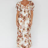 Brigita Tied Back Midi Dress Floral Brown