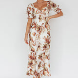 Brigita Tied Back Midi Dress Floral Brown