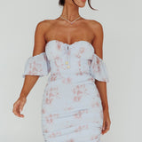 Summer In Paradise Sweetheart Neckline Ruched Side Dress Printed Blue