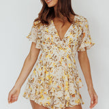 Golden Light Pintuck Pleat Romper Floral Beige
