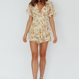 Golden Light Pintuck Pleat Romper Floral Beige