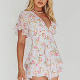 Golden Light Pintuck Pleat Romper Floral Blue