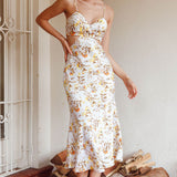 Cariba Cut-Out Waist Midi Dress Floral Yellow