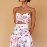 Janene Tied Shoulder Crop Top White/Pink