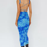 Dream Crush Lace-Up Back Side Split Maxi Dress Swirl Blue