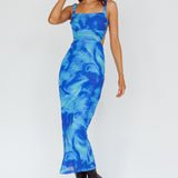Dream Crush Lace-Up Back Side Split Maxi Dress Swirl Blue