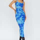 Dream Crush Lace-Up Back Side Split Maxi Dress Swirl Blue