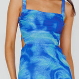Dream Crush Lace-Up Back Side Split Maxi Dress Swirl Blue