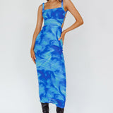 Dream Crush Lace-Up Back Side Split Maxi Dress Swirl Blue