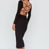Dream Crush Long Sleeve Lace-Up Midi Dress Black