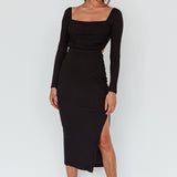 Dream Crush Long Sleeve Lace-Up Midi Dress Black