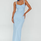 Dream Crush Lace-Up Back Mesh Overlay Midi Dress Blue