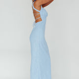 Dream Crush Lace-Up Back Mesh Overlay Midi Dress Blue