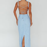 Dream Crush Lace-Up Back Mesh Overlay Midi Dress Blue