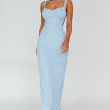 Dream Crush Lace-Up Back Mesh Overlay Midi Dress Blue