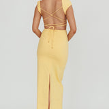 Dream Crush Asymmetric Neckline Midi Dress Lemon