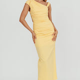 Dream Crush Asymmetric Neckline Midi Dress Lemon