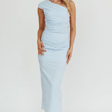 Dream Crush Asymmetric Neckline Midi Dress Sky