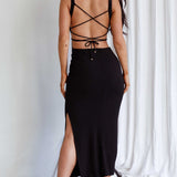 Dream Crush Lace-Up Back Side Split Midi Dress Black