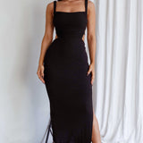 Dream Crush Lace-Up Back Side Split Midi Dress Black
