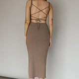 Dream Crush Lace-Up Back Side Split Midi Dress Khaki